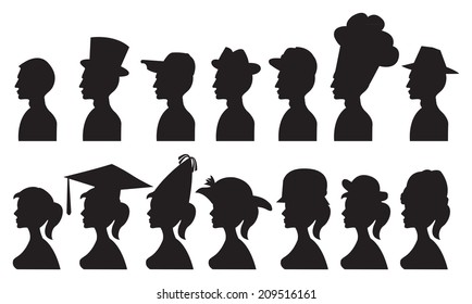 Vector illustration of people in different hats and headdress. Isolated black silhouette.