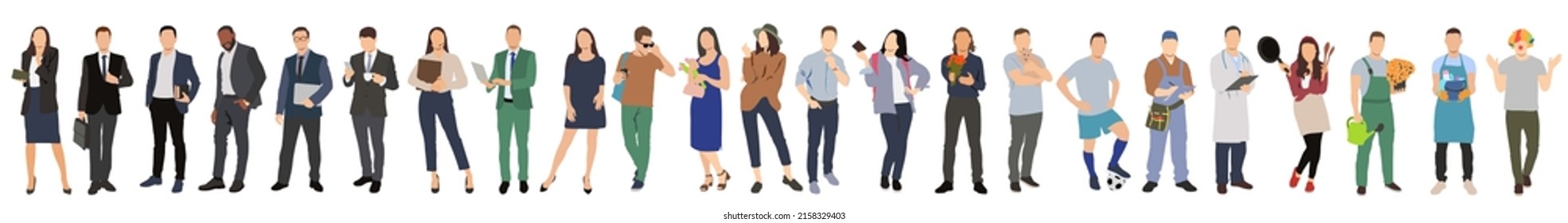 vector illustration people with different profession and occupation standing in line, crowd