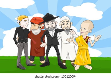 A vector illustration of people from different religions holding hands together