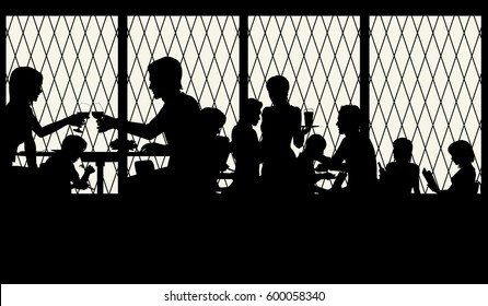 Vector illustration of people dining in a busy restaurant silhouetted against lattice windows 