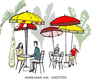 Vector illustration of people dining at outdoors cafe with sun umbrellas.