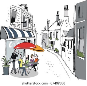 Vector illustration of people dining at sidewalk cafe in France.