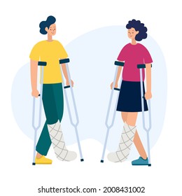 Vector illustration of people with disabilities in a cartoon style. A disabled person with a cast and a crunch on a white background.