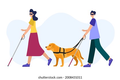 Vector illustration of people with disabilities in a cartoon style. A blind woman and a blind man with a walking stick and a guide dog.