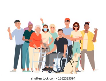 Vector illustration of people with disabilities. Volunteers, students and a man in a wheelchair, a blind girl with a guide dog, a girl with psoriasis, a girl in a mask with weakened immunity.