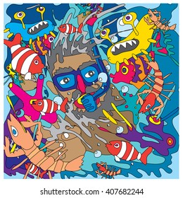 Vector illustration people diving in the colorful corals