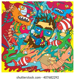 Vector illustration people diving in the colorful corals
