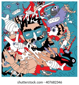 Vector illustration people diving in the colorful corals