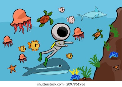 vector illustration of people diving under the sea to see fish