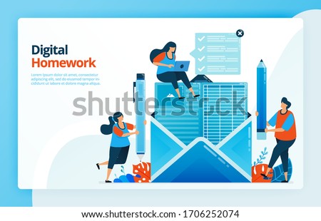 Vector illustration of people do digital homework via email, future of distance learning, internet courses. Design for landing pages, web, website, web page, mobile apps, banner, flyer, brochure