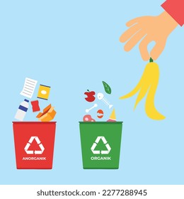 Vector Illustration people do waste sorting. garbage, rubsih sorting. people putting rubish in trash bins. trash container classifiation. Save the earth concept design