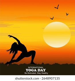 Vector illustration of people doing exercises for the celebration of International Yoga Day on June 21st with sunset background. Active lifestyle.