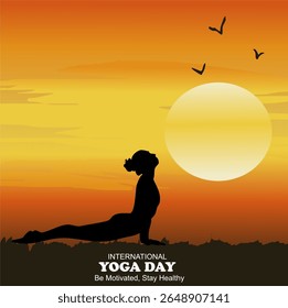 Vector illustration of people doing exercises for the celebration of International Yoga Day on June 21st with sunset background. Active lifestyle.
