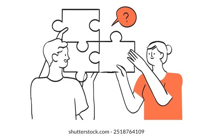 Vector illustration people doing jigsaw puzzle together in outline style. Company employees coordination, personnel productivity, effective team building and management, teamwork, leadership concept.