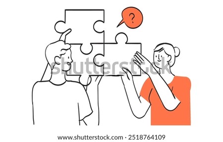 Vector illustration people doing jigsaw puzzle together in outline style. Company employees coordination, personnel productivity, effective team building and management, teamwork, leadership concept.