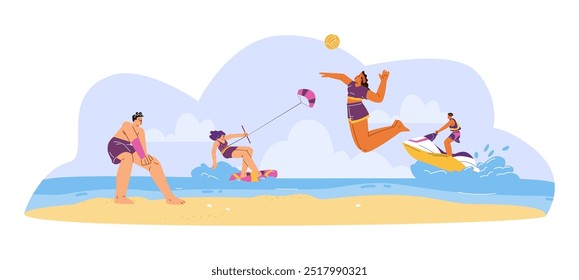 Vector illustration of people doing outdoor sports: beach volleyball, sailing on a jet ski, kiteboard, enjoying a vacation in shorts and swimsuits under the sun.