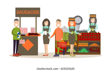 Vector illustration of people doing shopping in grocery store or in marketplace. Shopping people concept flat style design elements, icons isolated on white background.