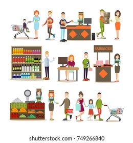 Vector illustration of people doing shopping in grocery store or in marketplace. People making purchases symbols, icons isolated on white background. Flat style design.