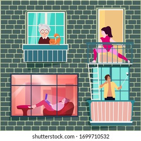 Vector illustration people doing their business at home during covid19 quarantine. Different neighbors keep isolation at terrace, window, balcony. Distance online work, leisure, safe pastime activity.