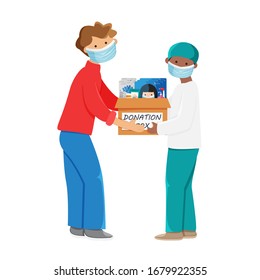 Vector illustration of people with donation box isolated on white background. Young adult man giving donation box with breathing face masks, gloves, medicine and sanitizer to african american doctor