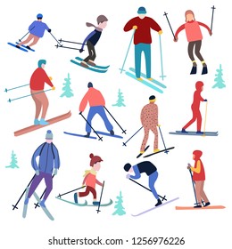 ilustraciones vectoriales de personas vestidas con ropa de invierno y esquiando hombres y mujeres. Concepto de vacaciones de invierno.
