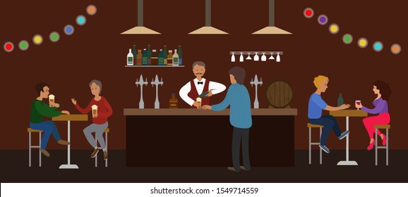 vector illustration of people drinking at the bar.Gays drinking beer and couple having a date