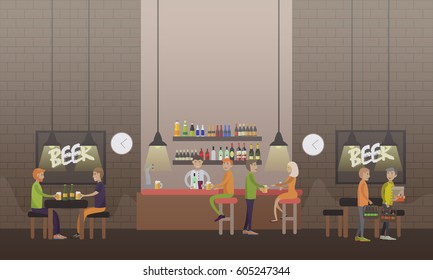 Vector illustration of people drinking beer. Brasserie concept design element in flat style.