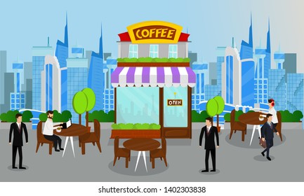 vector illustration ,people  drinking coffee, using laptop computer working,listening to music at the coffee shop, businessmen walking with relax  and happy in the big city.