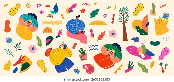 Vector illustration with people drinking coffee in the cafe.	