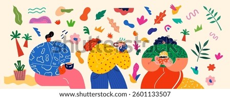 Vector illustration with people drinking coffee in the cafe.	