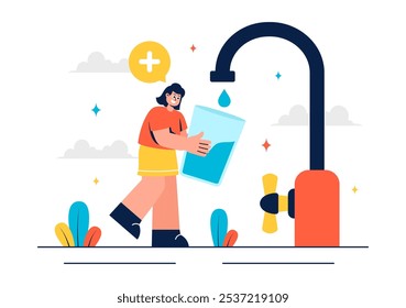 Vector Illustration of People Drinking Water from Plastic Bottles and Glasses, Featuring a Pure and Fresh Concept in a Flat Style Cartoon Background
