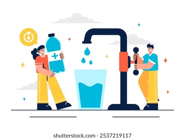 Ilustración vectorial de Personas Bebiendo agua de botellas y vasos de plástico, con un concepto puro y fresco en un fondo de dibujos animados de estilo plano