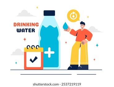 Ilustración vectorial de Personas Bebiendo agua de botellas y vasos de plástico, con un concepto puro y fresco en un fondo de dibujos animados de estilo plano