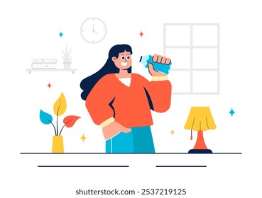 Vector Illustration of People Drinking Water from Plastic Bottles and Glasses, Featuring a Pure and Fresh Concept in a Flat Style Cartoon Background