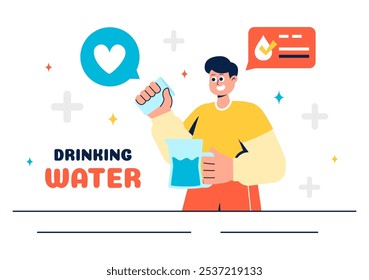 Ilustración vectorial de Personas Bebiendo agua de botellas y vasos de plástico, con un concepto puro y fresco en un fondo de dibujos animados de estilo plano