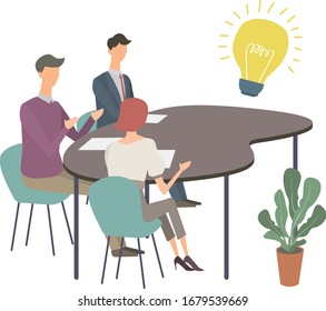 Vector illustration of people during a meeting. Receive consulting. Suggestions, learns, analyzes.