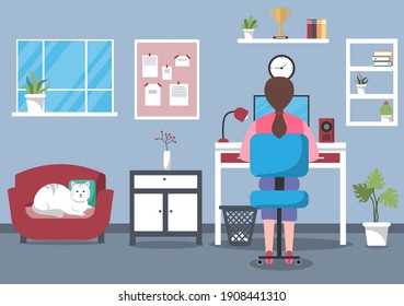 Vector Illustration People During Quarantine from coronavirus Works on Laptops and Computers at Home or Workplace .Remotely. Flat Style Design