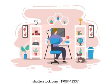 Vector Illustration People During Quarantine from coronavirus Works on Laptops and Computers at Home or Workplace .Remotely. Flat Style Design
