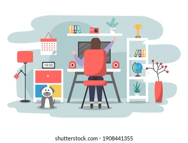 Vector Illustration People During Quarantine from coronavirus Works on Laptops and Computers at Home or Workplace .Remotely. Flat Style Design