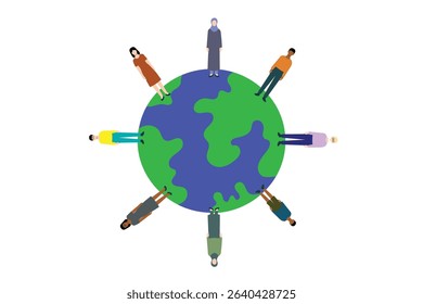 Vector Illustration of People and Earth for World Population Day. Colorful vector design of various people standing around Earth, highlighting the diversity and global nature of population issues. 