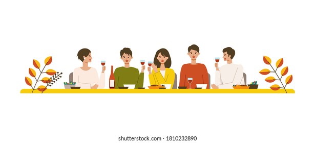 Imagen vectorial de la gente cenando juntos en otoño. A la gente le gusta beber vino. Manténgase en casa.