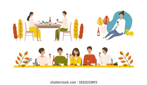 Vector illustration of people eating dinner together in the autumn. People enjoy drinking wine. Stay at home concept.