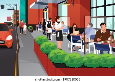 A vector illustration of People Eating Outdoor at Restaurant During Pandemic 