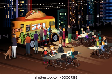 A Vector Illustration Of People Eating Taco At Taco Truck At Night