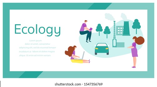 Vector illustration with people and eco-friendly industry factory, car. Environmental Protection. Ecology. Save the planet and environment concept. Eco green city. Protecting people health. Fresh air