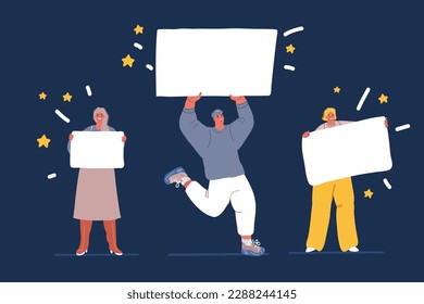 Сartoon vector illustration of people with empty banner over dark backround