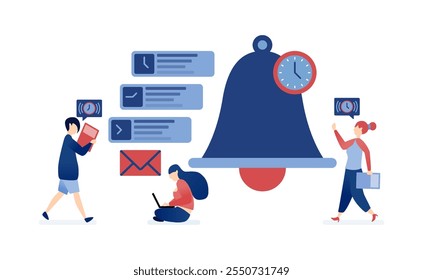 vector illustration of People engaging in activities around a large bell, symbolizing time planning, scheduling, and effective time management for increased productivity and task organization