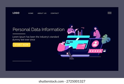 Ilustración vectorial de personas que interactúan con una interfaz digital sobre información de datos personales. Los personajes están interactuando con gráficos y computadoras portátiles, demostrando el trabajo en equipo en un espacio digital.
