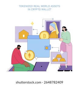 Vector illustration of people engaging with tokenized real world assets in a crypto wallet interface. Features cryptocurrency elements like Bitcoin, Ethereum, and digital art with lively characters.