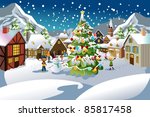 A vector illustration of people enjoying the Christmas season in a village with snow all over the place